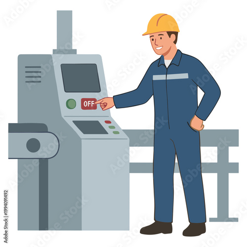 A worker in a blue uniform operates a large gray industrial machine.