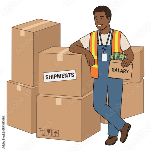 A worker stands beside stacked shipments boxes holding a salary box and tool.