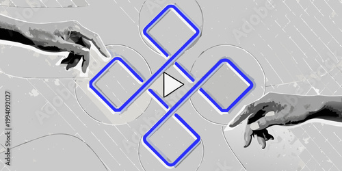 Hands reaching towards a glowing geometric pattern with diamond shapes