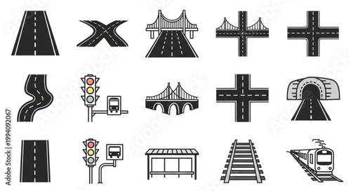 Collection of road and transportation icons and symbols.