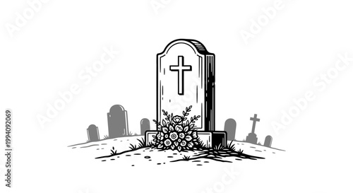 Minimalist graveyard scene with headstone cross and floral tribute in black and white illustration