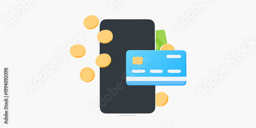 Mobile payment concept featuring credit cards and falling gold coins