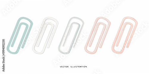 Five colorful paperclips arranged in a row on a white background