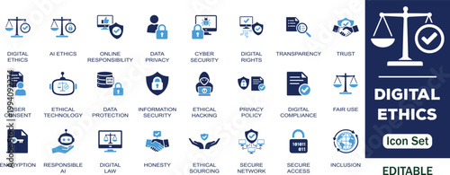 Digital Ethics editable solid icon set. Symbols for AI Ethical , Data Privacy, cyber security, AI Transparency, digital rights, trust, data protection, privacy policy and more vector icons collection.