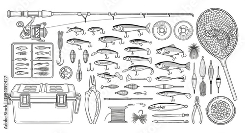 Collection of Fishing Gear and Various Fish Species.