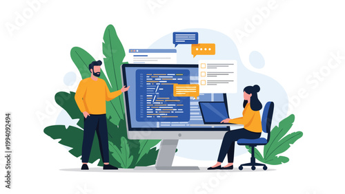 Software developers working together on a complex coding project, using a large monitor and a laptop surrounded by green tropical leaves.