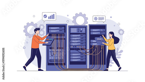 IT professionals managing a data center with multiple server racks cables and networking equipment in a modern facility.