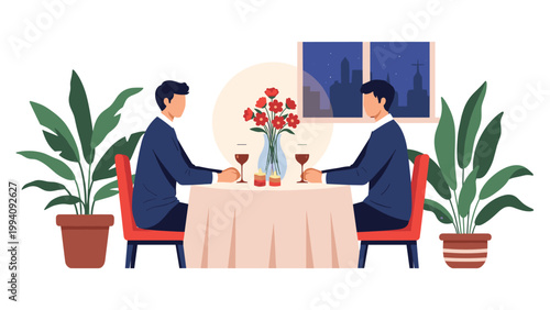 Romantic dinner scene showing two people sitting at a table with flowers and wine overlooking a night city view from a window.