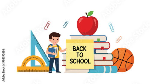 Young schoolboy standing next to a stack of books and school supplies with a back to school message on yellow note.