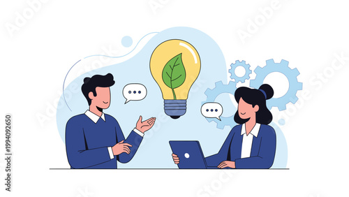 Business colleagues discussing green energy solutions with a light bulb containing a leaf and gear symbols background.