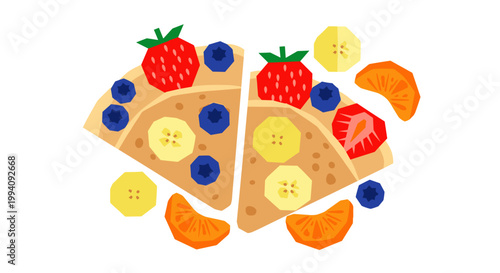 Illustration of vibrant crepes topped with colorful fruit slices including strawberries, blueberries, bananas, and oranges on a white background