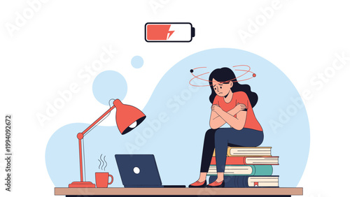 Exhausted student sitting on a stack of books at a desk with a low battery icon showing academic burnout and fatigue.