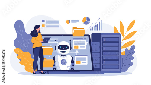 Artificial intelligence concept showing a woman managing data and interacting with a humanoid robot on a large screen.