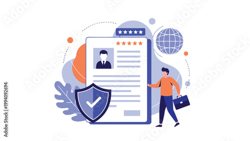 Job application and data security concept with a professional man standing by a verified resume document and shield.