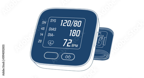 Digital blood pressure monitor displaying readings on a sleek blue screen with a modern design and clear interface, isolated on white background
