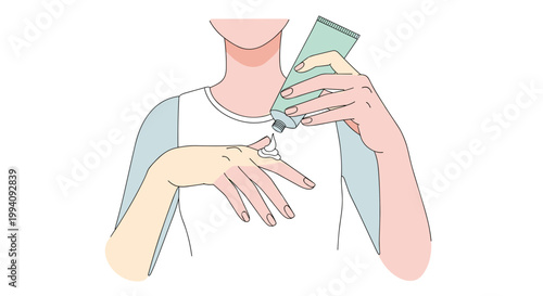 Minimalistic illustration of a woman applying hand cream with a green tube against a white background, focusing on skincare and personal care routine