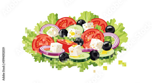 Illustration of a vibrant Greek salad with fresh olives, tomatoes, cucumbers, and feta cheese on a bed of crisp lettuce, set against a white background