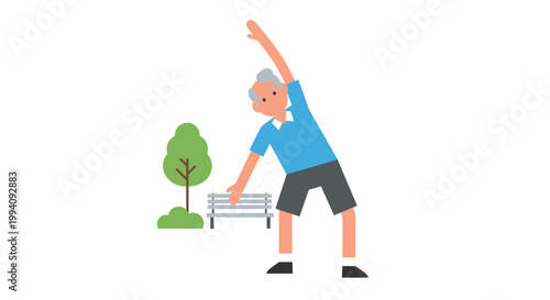 Elderly man doing a workout in a park, stretching beside a bench and tree, minimalist illustration with bright colors on a white background