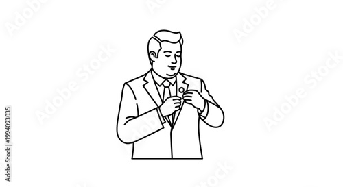 Elegant Man in Suit Adjusting Lapel Pin, Business Professional.