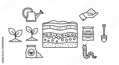 Gardening and Soil Science Icons Set.