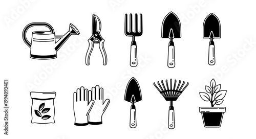 Collection of Hand Drawn Gardening Tools and Supplies.
