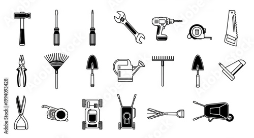Collection of various garden and home repair tools.