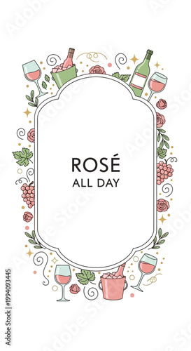 Elegant Ros? Wine Illustration with Decorative Frame and Text.
