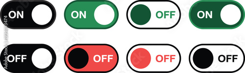 On and off toggle switch button set, minimalist UI vector icons representing digital switch controls for app interface and user interaction design.