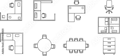 Workstation floor plan layouts including office desks, cubicles, meeting tables, chairs, and filing cabinet outline icons.