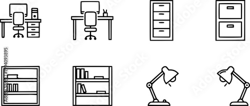 Office furniture collection including desk workstations, filing cabinets, storage bookshelves, and adjustable desk lamp outline icons.