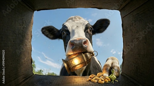 Cow wearing a bell on Eid al-Adha looks through a fence at food