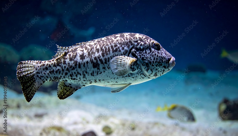 Naklejka premium Fish swimming underwater, spotted markings, blue environment