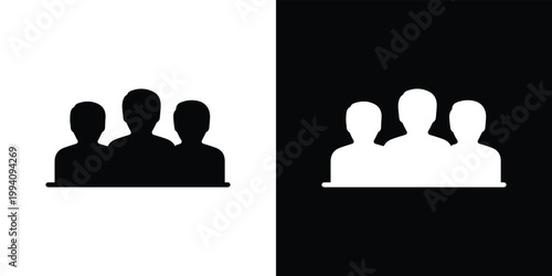 Black and white silhouettes of three people side by side on split color background