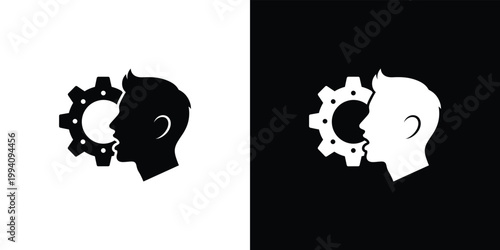 Black and white silhouettes of human heads with gear cogs