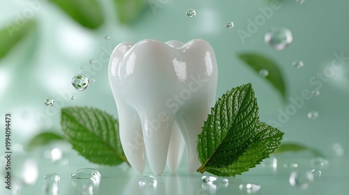 A conceptual dental health image showing a clean white molar tooth surrounded by fresh green mint leaves and splashing water droplets on a light green background.