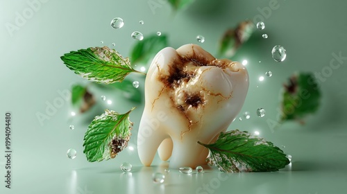 A conceptual dental image representing tooth decay and poor oral hygiene, showing a cracked molar with cavities surrounded by dying, withered leaves.