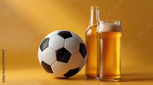 A classic black and white football placed next to a fresh glass of lager with foam and a glass bottle, perfect for sports bar or match day promotions.