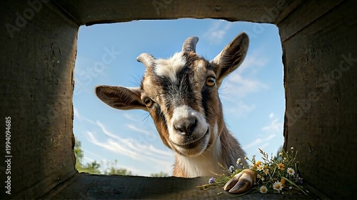 A friendly goat peers through a wooden fence hole at greenery on a sunny day outside.