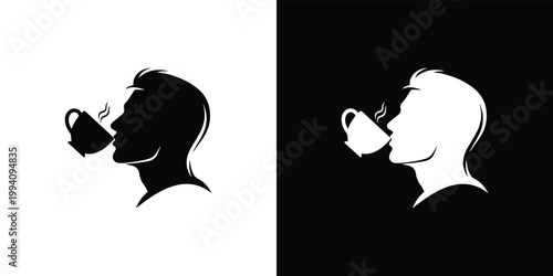 Black and white silhouette of man drinking from a cup person coffee