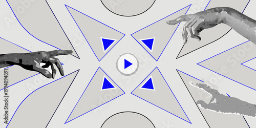 Abstract depiction of hands reaching towards a central glowing play button