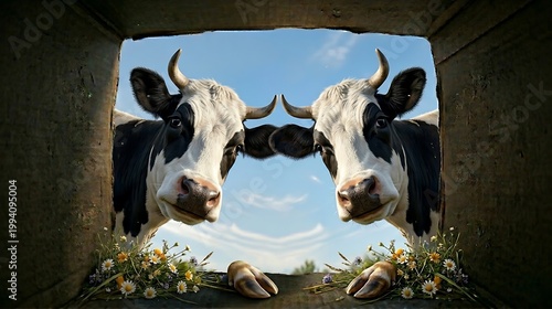 Two cows peek through a rustic opening at a serene landscape with flowers.