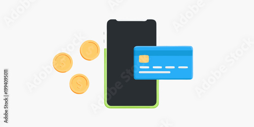 Digital payments with a smartphone credit card and golden coins