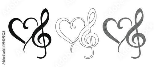 Tableau sur toile Musical treble clef heart icons, elegant music note and love symbol vector set,