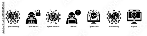 Cyber Defense web banner icon vector illustration with icons of Cyber Security,Cyber Attack,Cyber Defense,Hacker,Cybercrime,Vulnerability and Exploit