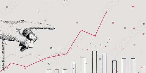 A hand points towards a rising graph with financial data visualization