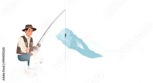 Fishing, illustration of man catching fish, vector cartoon, leisure activity, outdoor recreation
