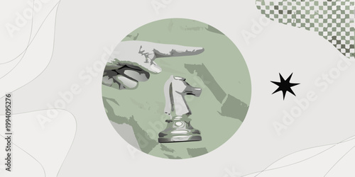 A hand moves a white knight chess piece against a muted background