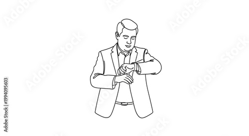 Focused Businessman Checking Time on Wristwatch in Monochrome Illustration.
