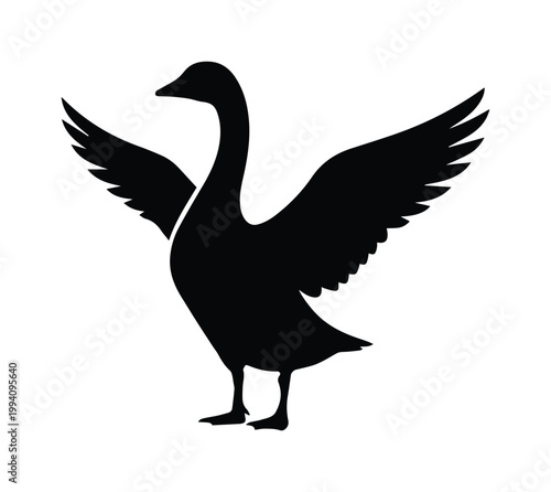 Tablou pe pânză Minimalist goose silhouette vector, black swan or gander icon with spread wings,