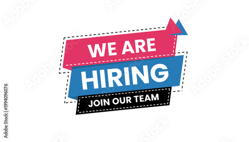 Creative recruitment announcement banner with pink and blue ribbon layers and join our team message on background.